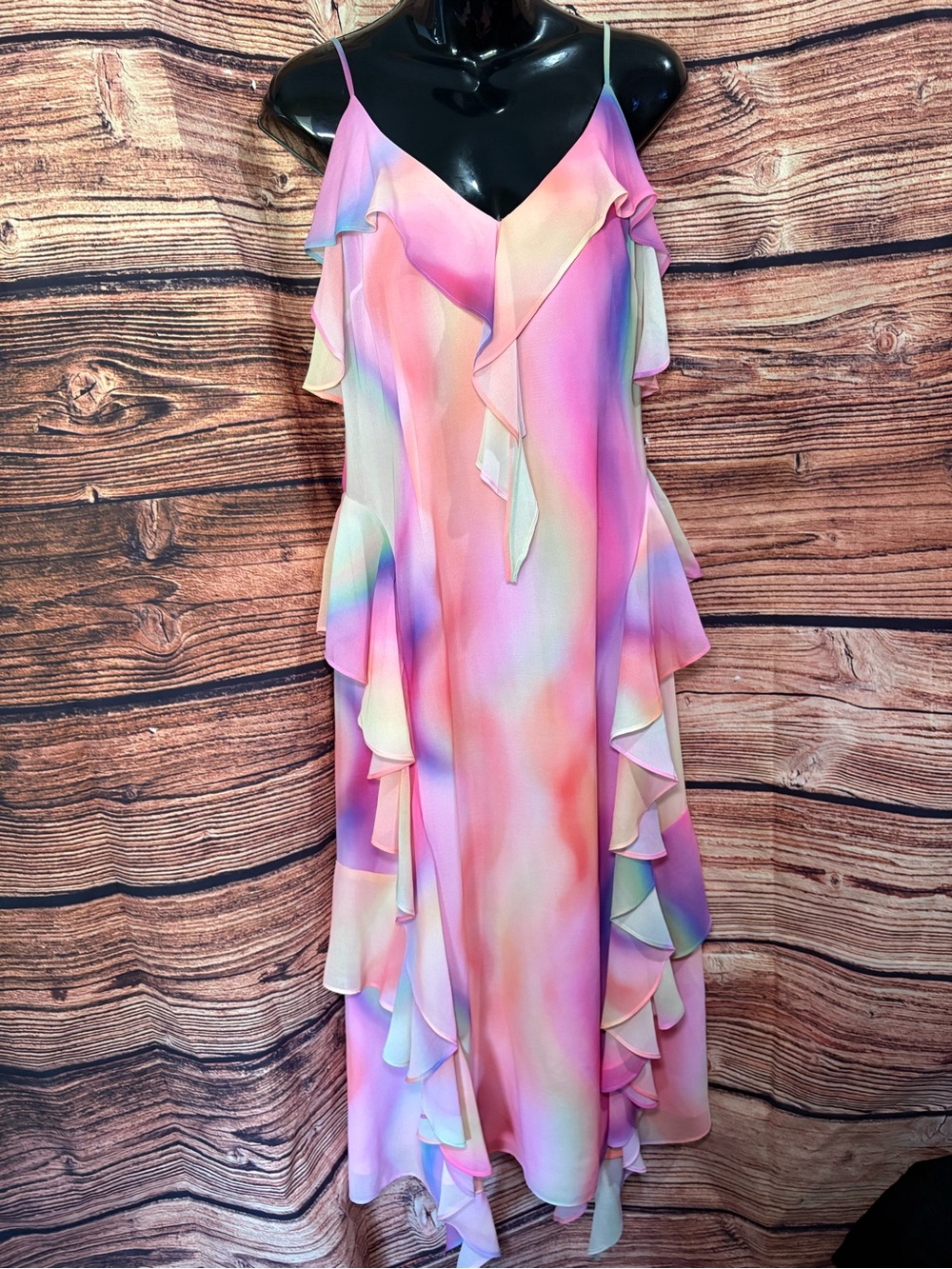 Gianni Bini Pink Multi-Color Ruffle Maxi Dress “Tammy” Cosmos Chiffon